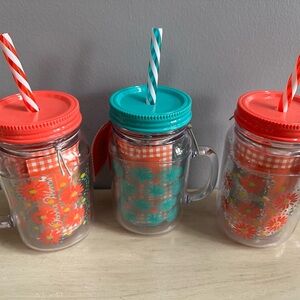 Pioneer Woman Set of 3 Acrylic Double Walled Mason Jar Cups 16oz Turquoise NEW